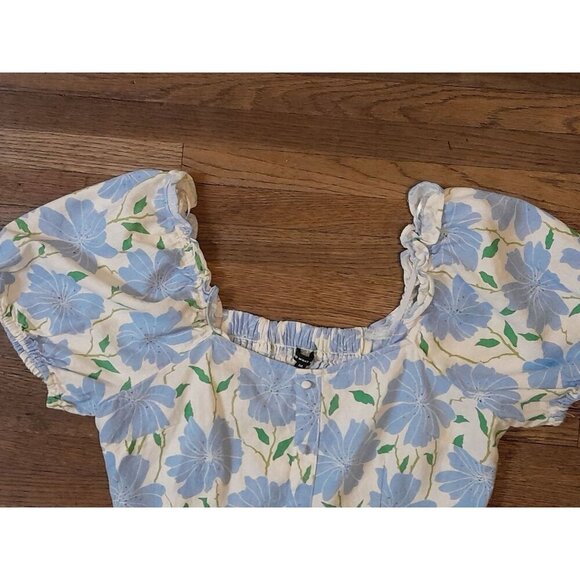 Womens Size Medium Boho Beach Cropped Linen Blend Puff Sleeve Smocked Floral Top - Picture 4 of 9